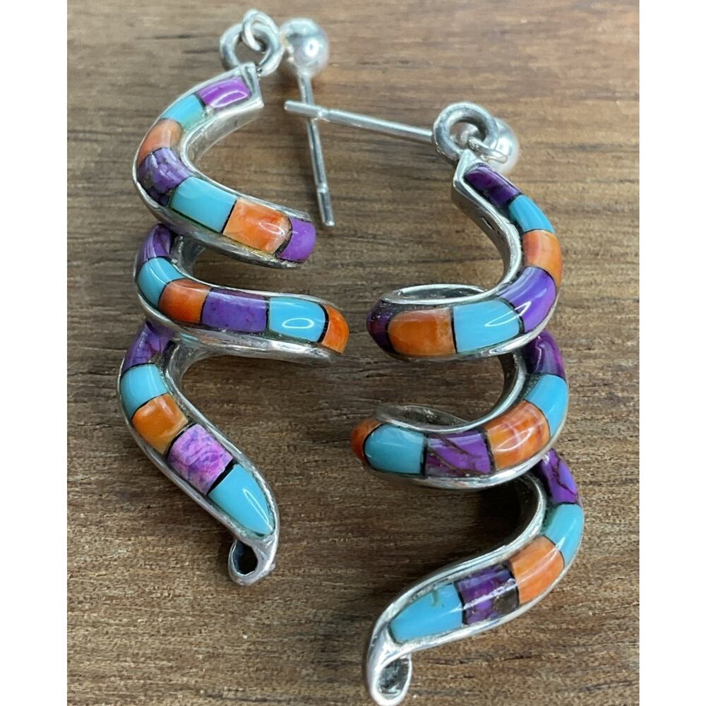 Vintage Native American Turquoise Coral Purple Inlay Sterling Swirl 925 Earrings